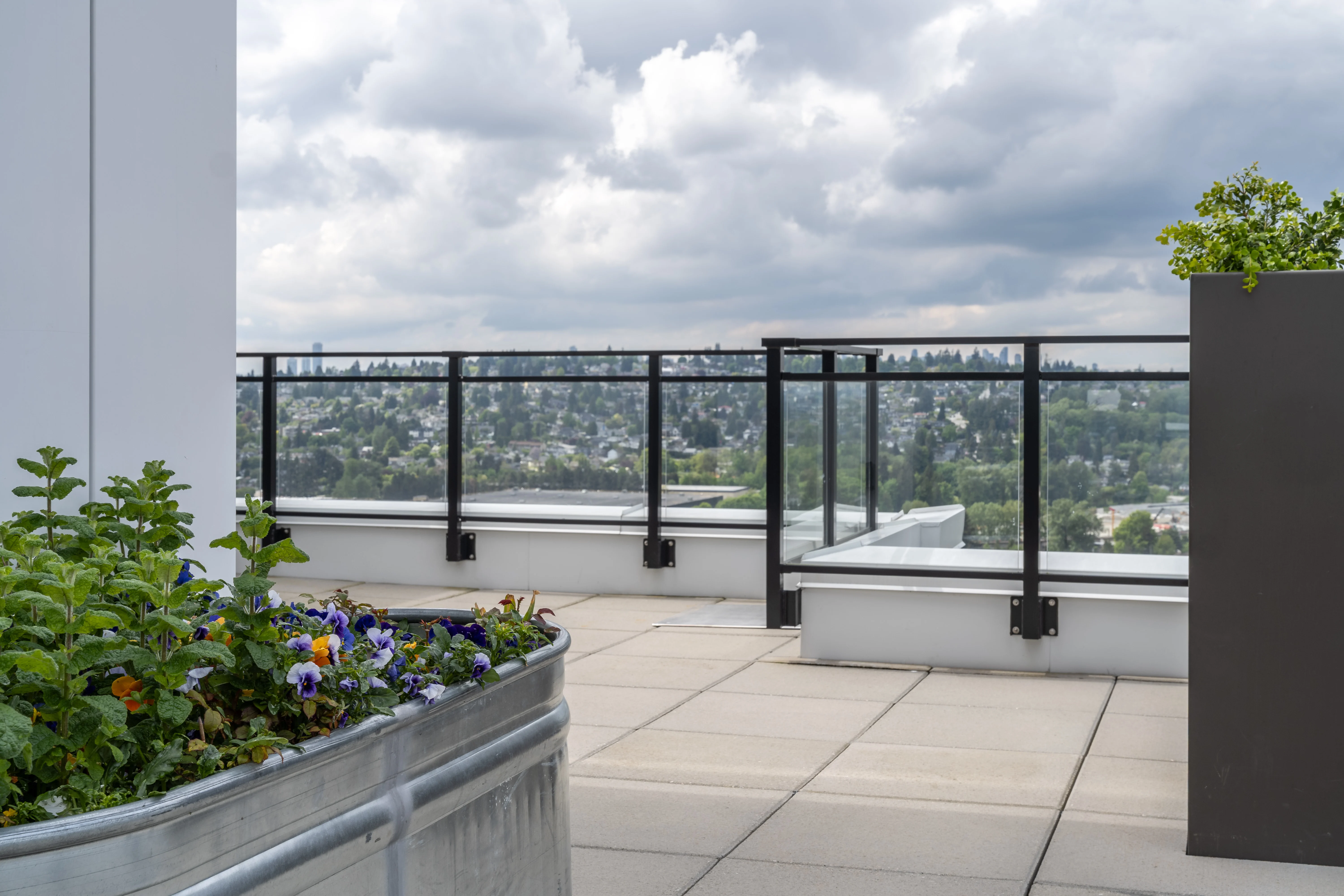 Rooftop terrace with a flowering planter and glass railing at Loma