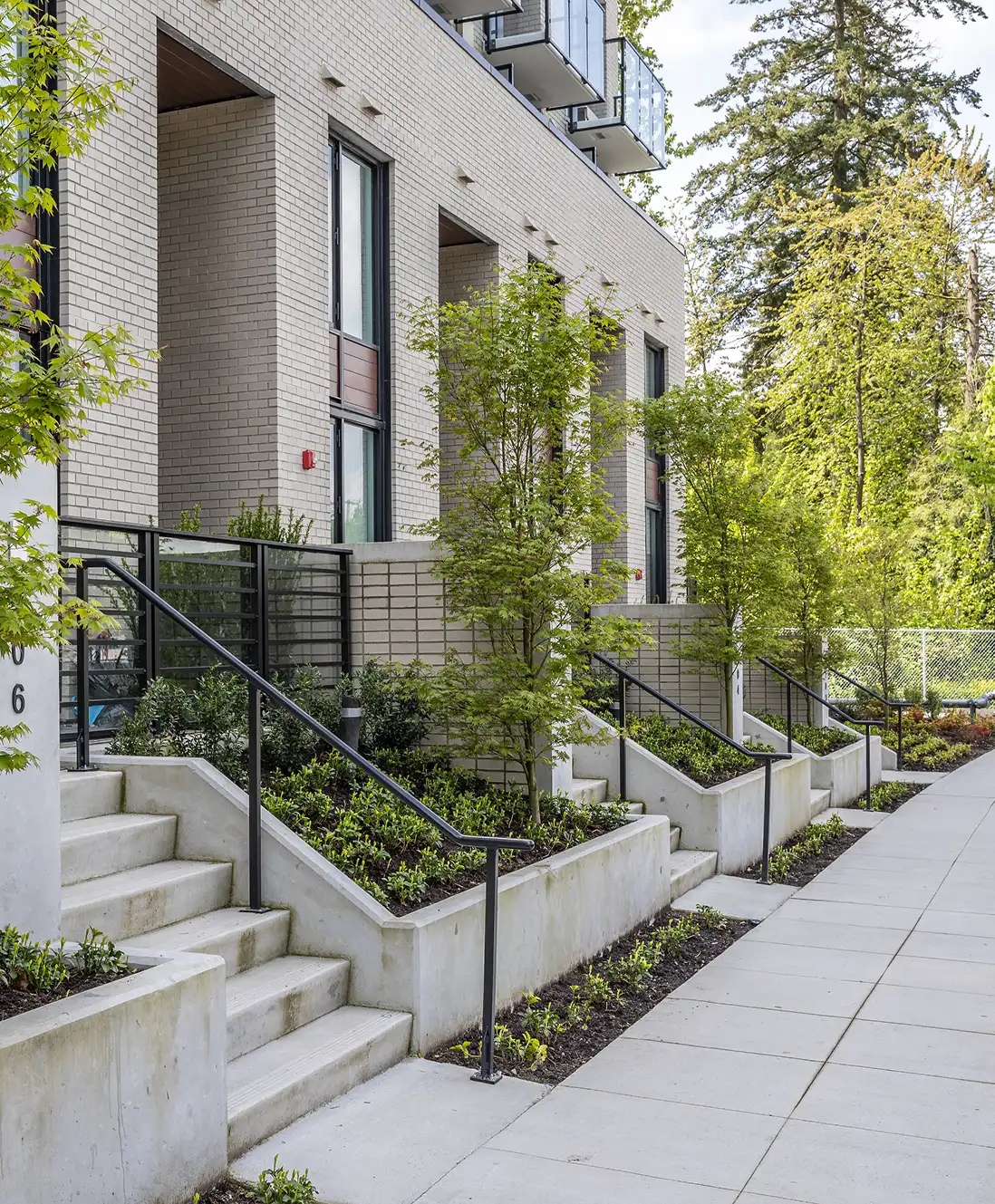 Concrete entry stairs with railings and planted beds at townhome entrances