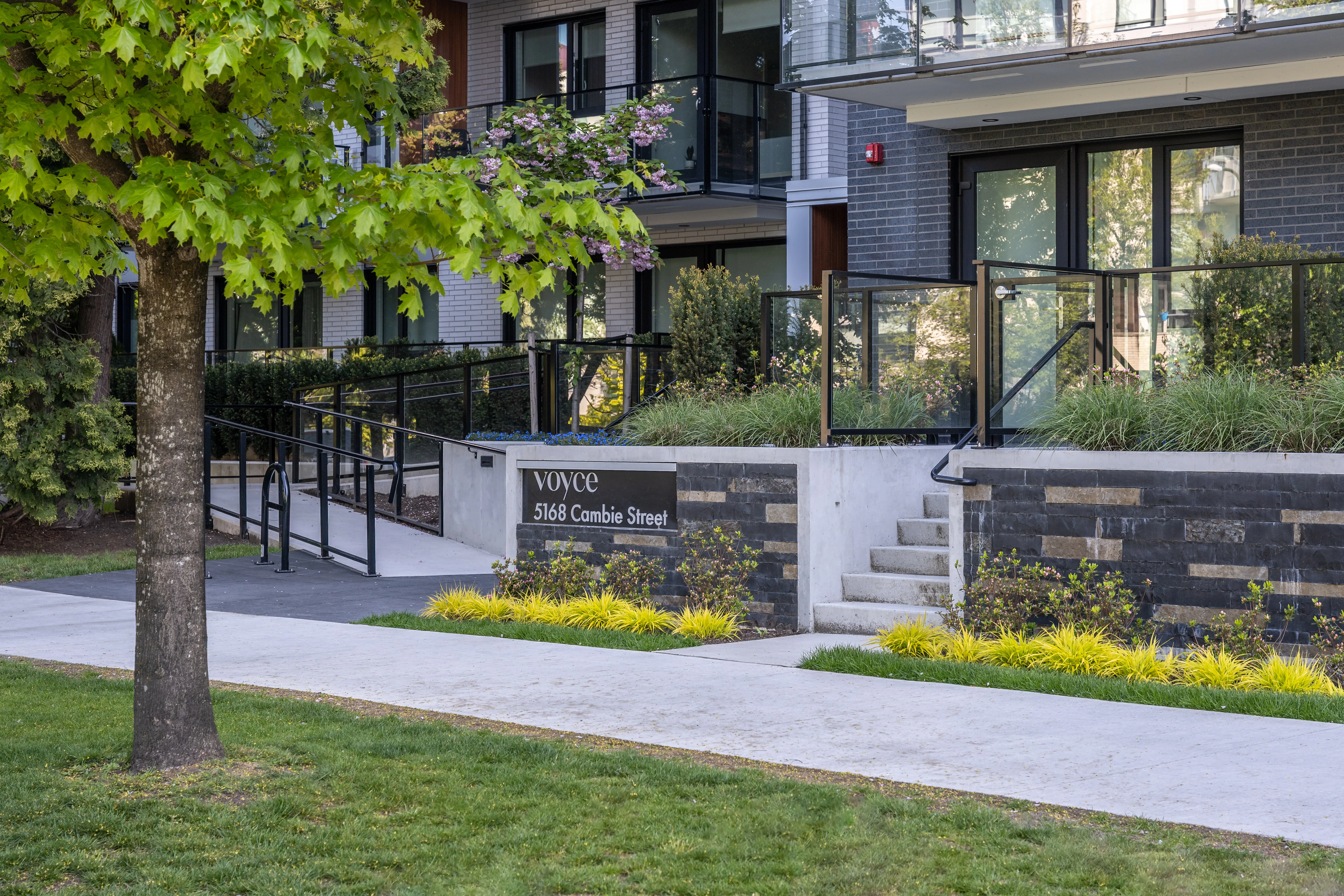 Lawn, street tree and planting at the building entry at Voyce